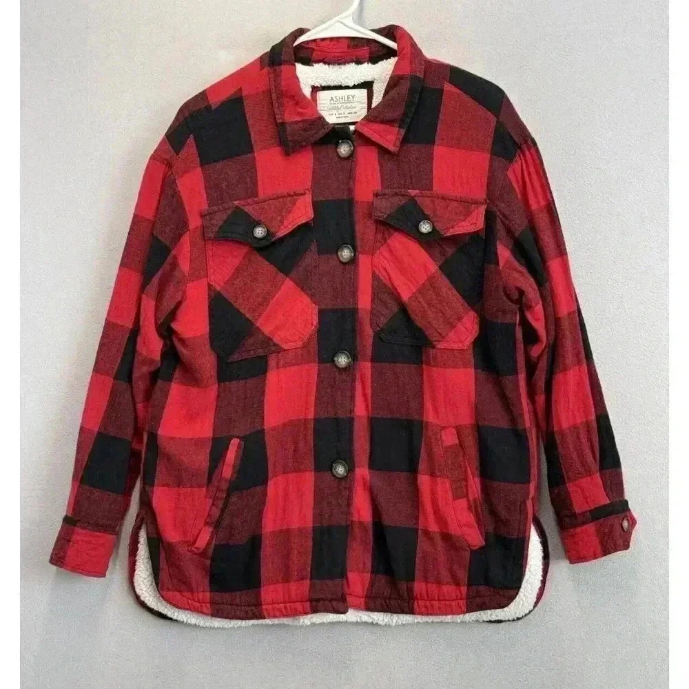 Ashley By 26 International‎ Women's Sz S Red Plaid Sherpa Fleece Lined Shacket